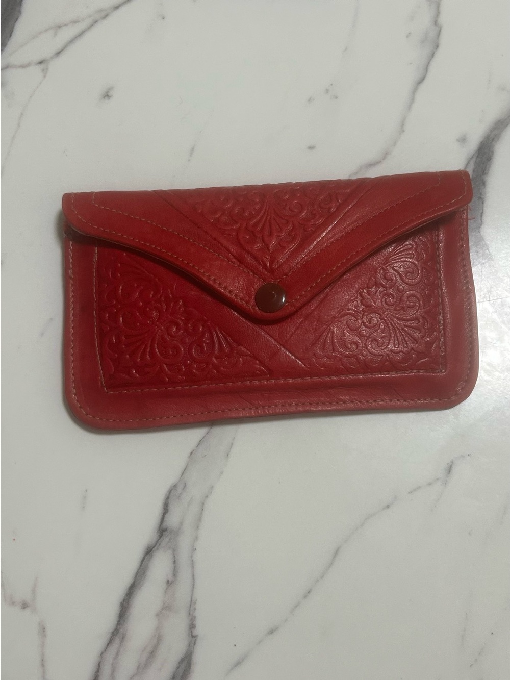 Moroccan handmade leather wallet, red 5”h x 8”w